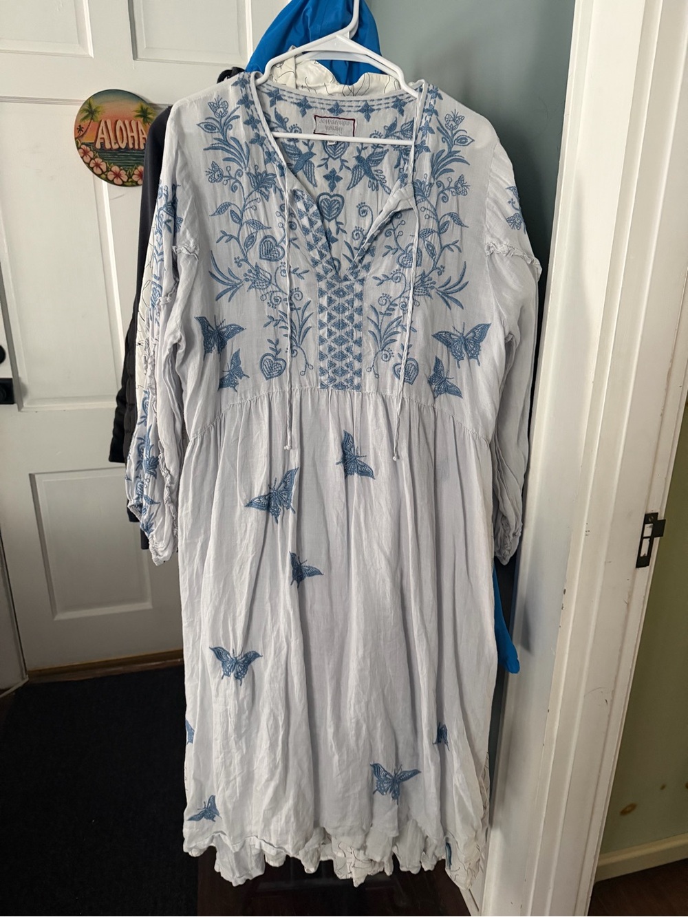 Boho Embroidered White & Blue Midi Dress